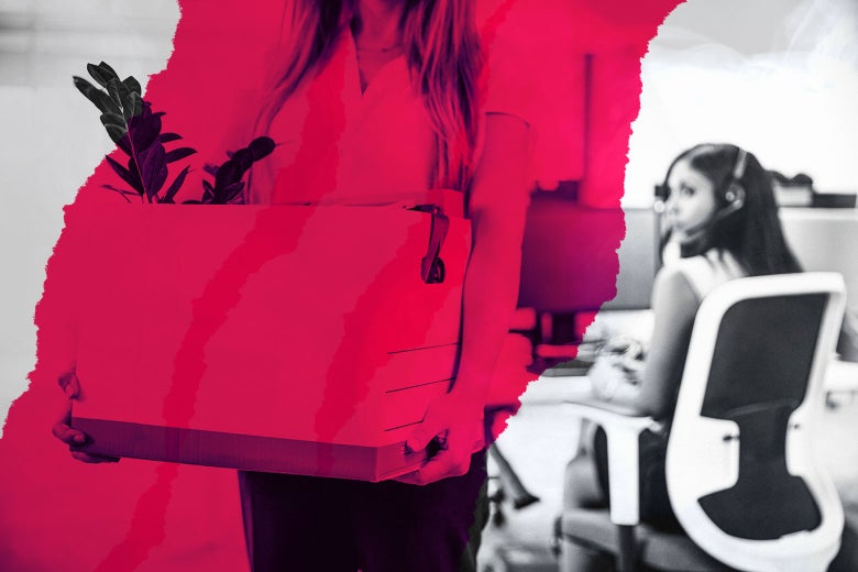 A woman walks out of an office with a box of her stuff.